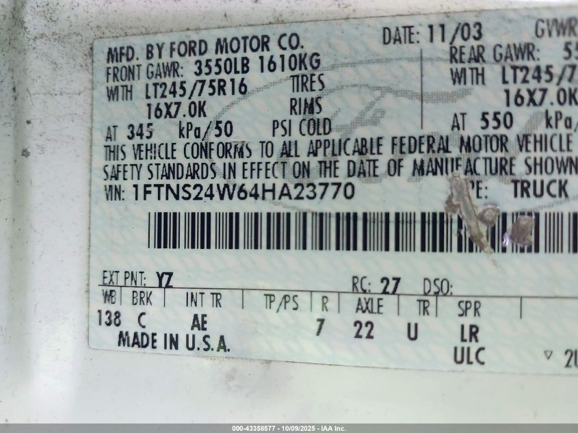 2004 Ford E-250 Commercial/Recreational VIN: 1FTNS24W64HA23770 Lot: 43358577