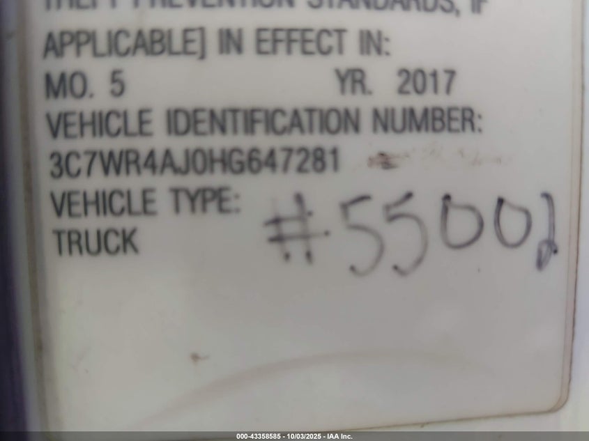 2017 Ram 2500 Tradesman 4X2 8' Box VIN: 3C7WR4AJ0HG647281 Lot: 43358585