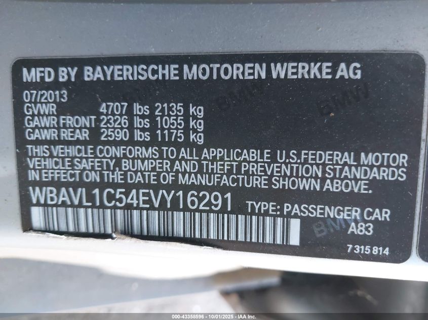 2014 BMW X1 xDrive28I VIN: WBAVL1C54EVY16291 Lot: 43358596