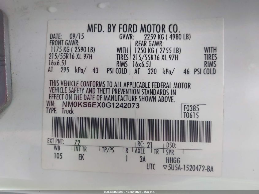 2016 Ford Transit Connect Xl VIN: NM0KS6EX0G1242073 Lot: 43358599