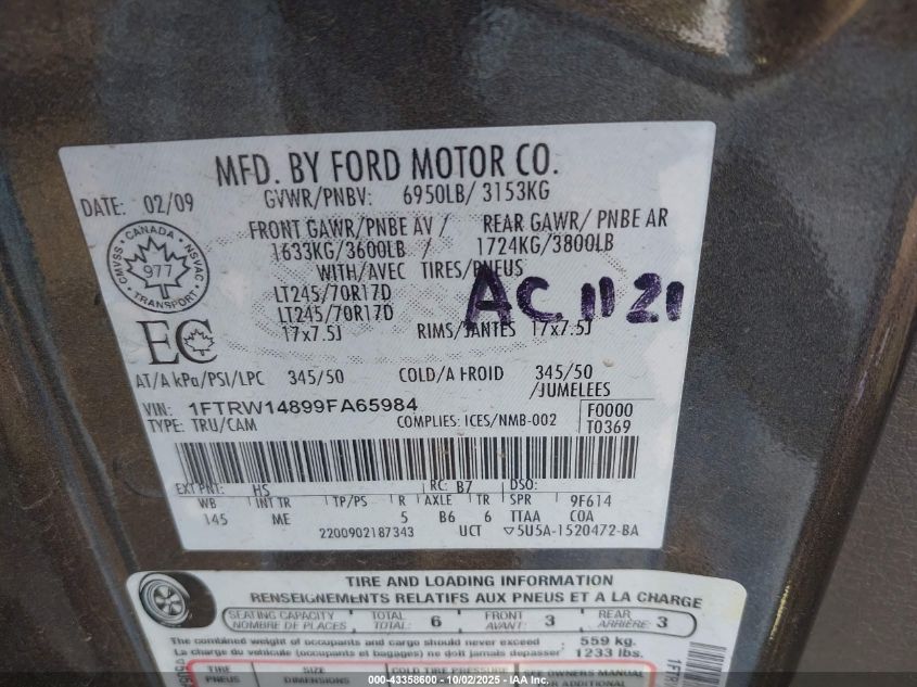 2009 Ford F-150 Xl/Xlt VIN: 1FTRW14899FA65984 Lot: 43358600