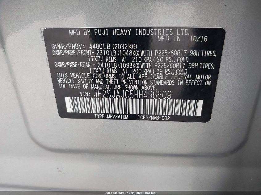 2017 Subaru Forester 2.5I Limited VIN: JF2SJAJC5HH496609 Lot: 43358605