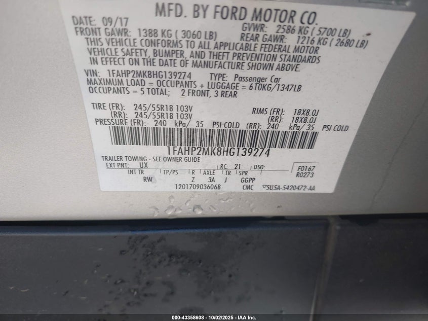 2017 FORD POLICE INTERCEPTOR - 1FAHP2MK8HG139274