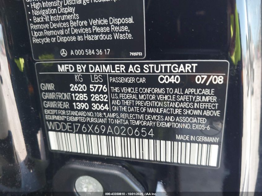 2009 Mercedes-Benz Cl 600 VIN: WDDEJ76X69A020654 Lot: 43358610