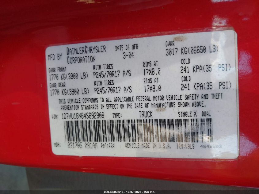 2004 Dodge Ram 1500 Slt/Laramie VIN: 1D7HU18N64S692908 Lot: 43358613