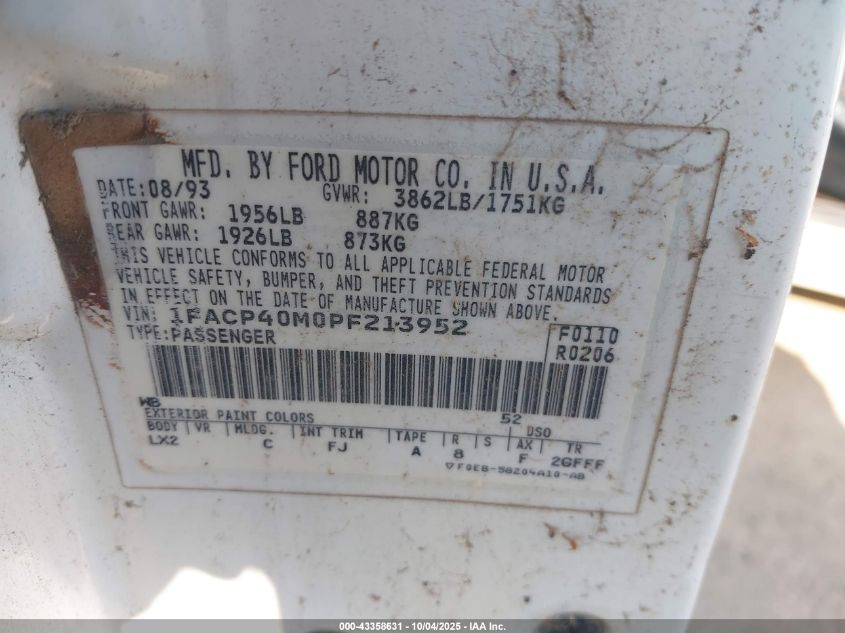 1993 Ford Mustang Lx VIN: 1FACP40M0PF213952 Lot: 43358631