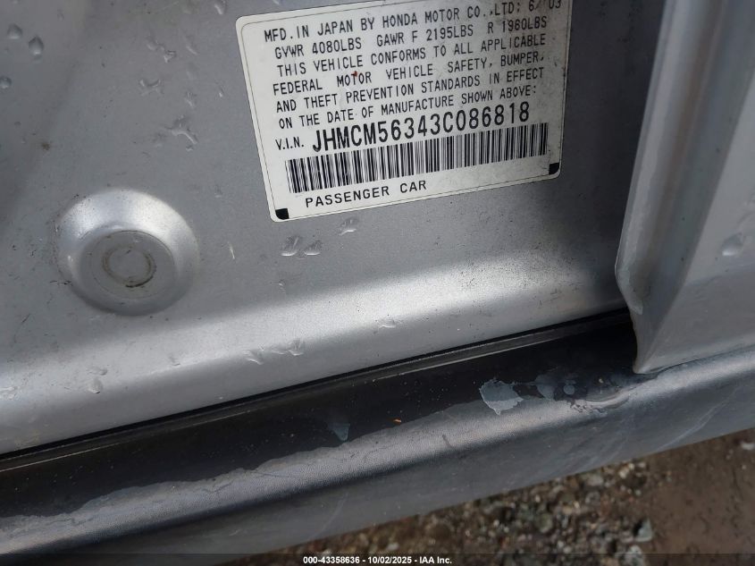 2003 Honda Accord 2.4 Lx VIN: JHMCM56343C086818 Lot: 43358636