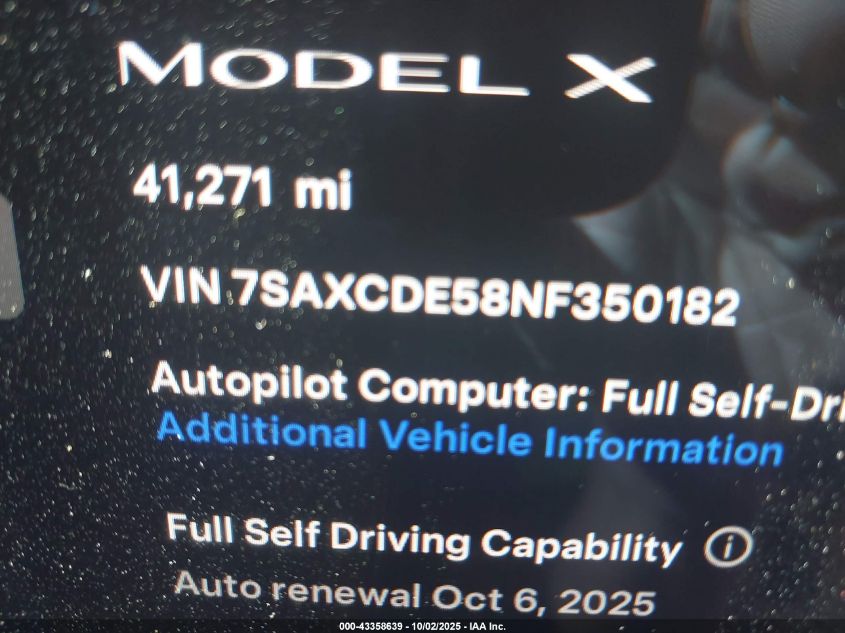 2022 Tesla Model X Dual Motor All-Wheel Drive/Plaid Tri Motor All-Wheel Drive VIN: 7SAXCDE58NF350182 Lot: 43358639