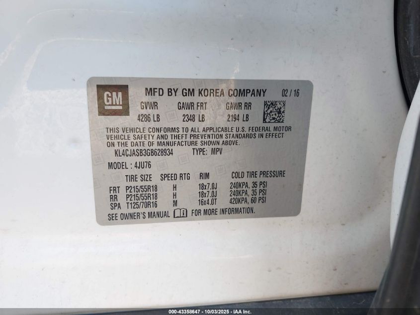 2016 Buick Encore VIN: KL4CJASB3GB628934 Lot: 43358647