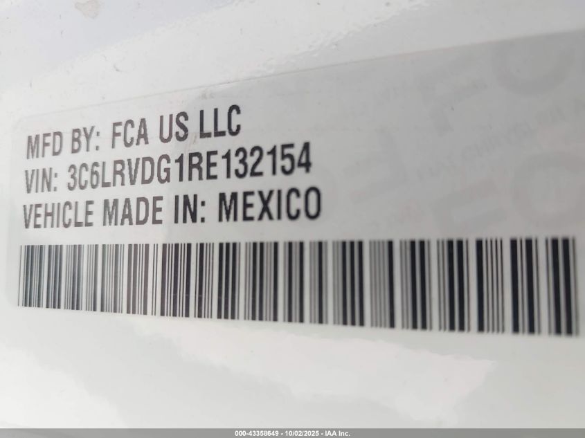 2024 Ram Promaster 2500 Tradesman High Roof 159 Wb W/Pass Seat VIN: 3C6LRVDG1RE132154 Lot: 43358649