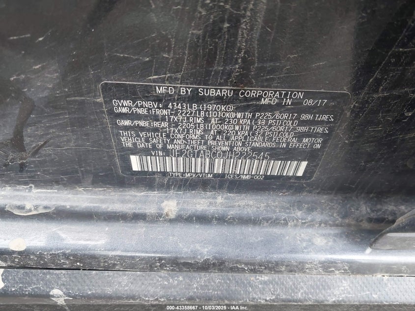 VIN JF2GTABC0JH222545 2018 SUBARU CROSSTREK 2.0I PREMIUM