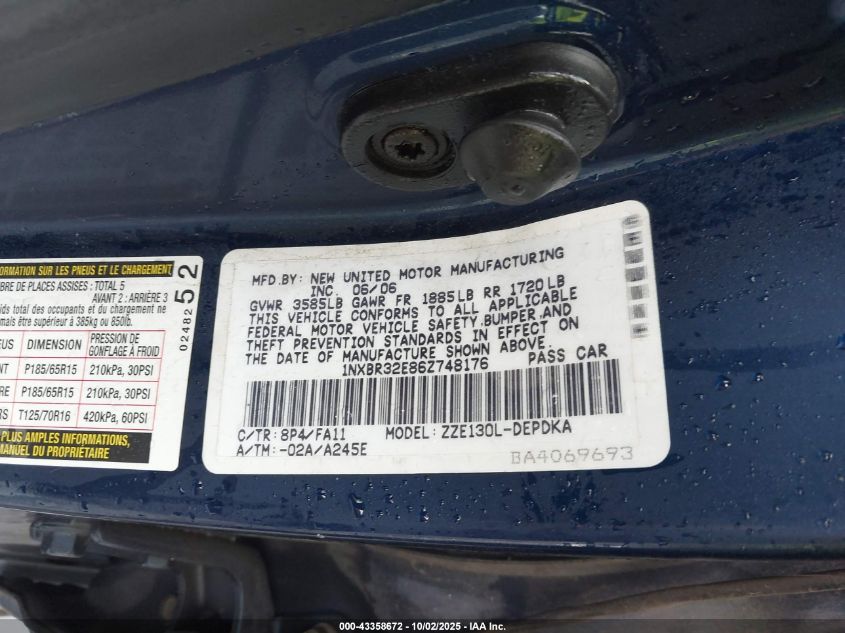 2006 Toyota Corolla Ce VIN: 1NXBR32E86Z748176 Lot: 43358672