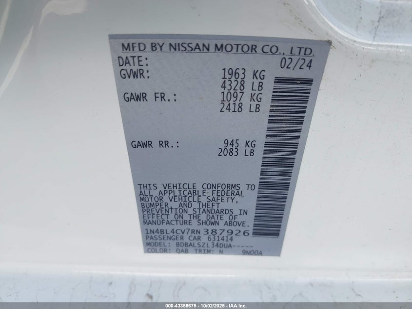 2024 Nissan Altima Sr Fwd VIN: 1N4BL4CV7RN387926 Lot: 43358675