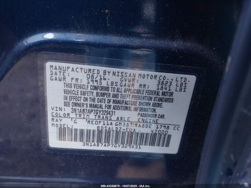 2016 Nissan Sentra Sv VIN: 3N1AB7AP7GY329431 Lot: 43358679