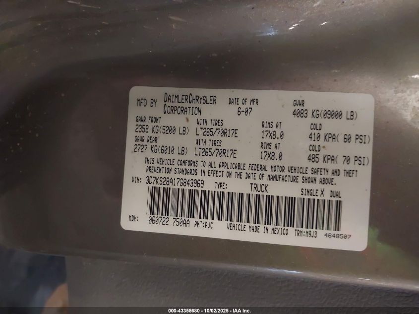 2007 Dodge Ram 2500 Slt/Sport VIN: 3D7KS28A17G843969 Lot: 43358680