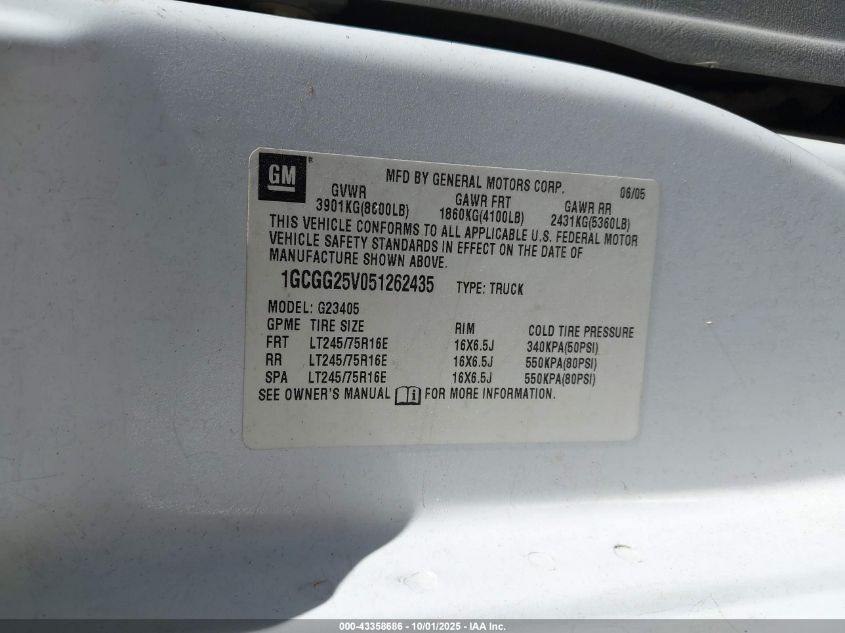 2005 Chevrolet Express VIN: 1GCGG25V051262435 Lot: 43358686