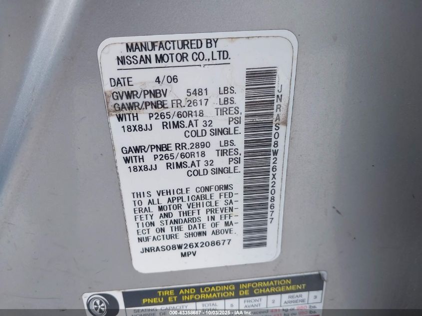 2006 Infiniti Fx35 VIN: JNRAS08W26X208677 Lot: 43358687