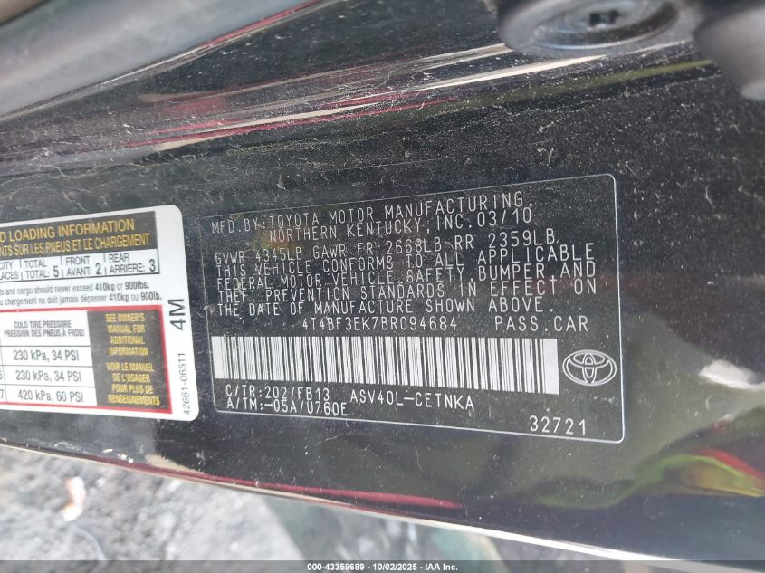 2011 Toyota Camry Le VIN: 4T4BF3EK7BR094684 Lot: 43358689