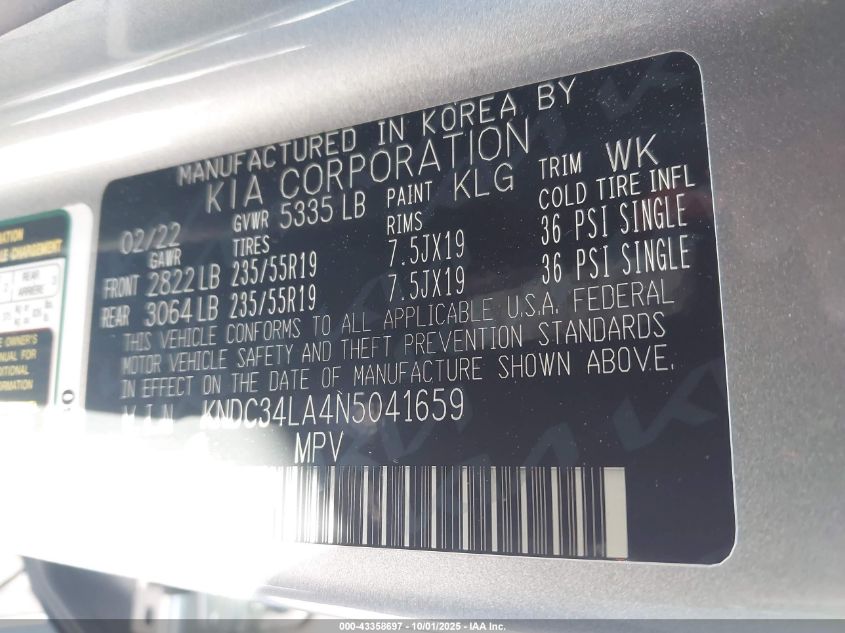 2022 Kia Ev6 Wind VIN: KNDC34LA4N5041659 Lot: 43358697