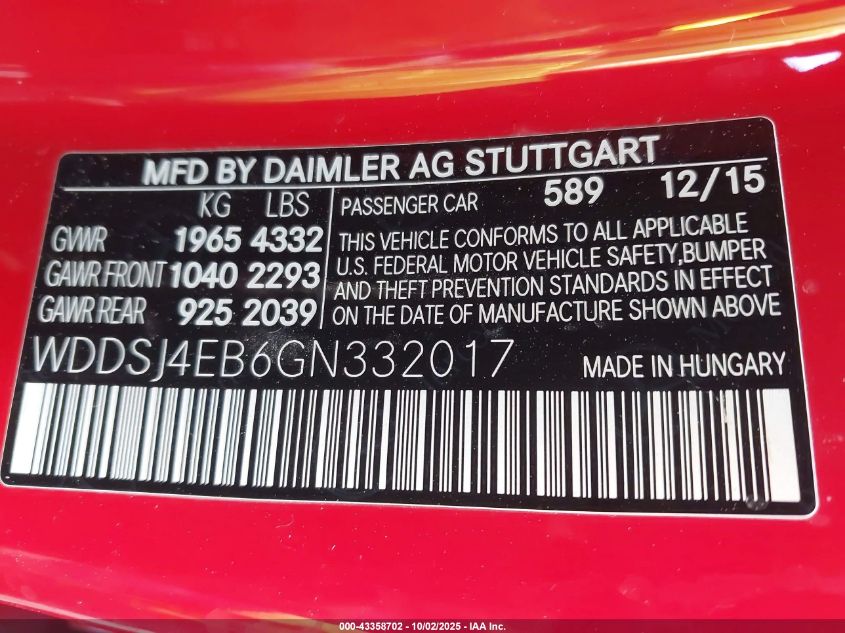 2016 Mercedes-Benz Cla 250 VIN: WDDSJ4EB6GN332017 Lot: 43358702