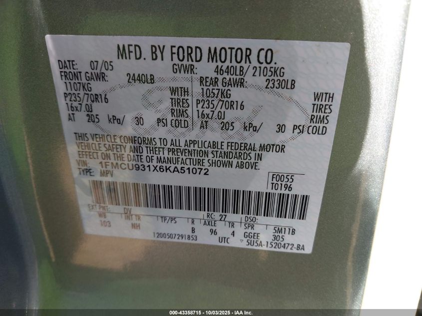 2006 Ford Escape Xlt/Xlt Sport VIN: 1FMCU931X6KA51072 Lot: 43358715