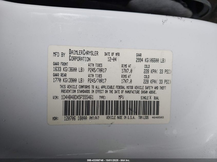 2005 Dodge Durango Slt VIN: 1D4HB48DX5F555461 Lot: 43358746