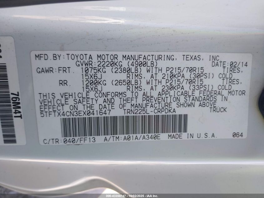 2014 Toyota Tacoma VIN: 5TFTX4CN3EX041647 Lot: 43358747