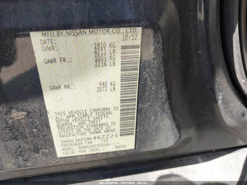 2013 Nissan Altima 2.5 S VIN: 1N4AL3AP1DN467225 Lot: 43358748