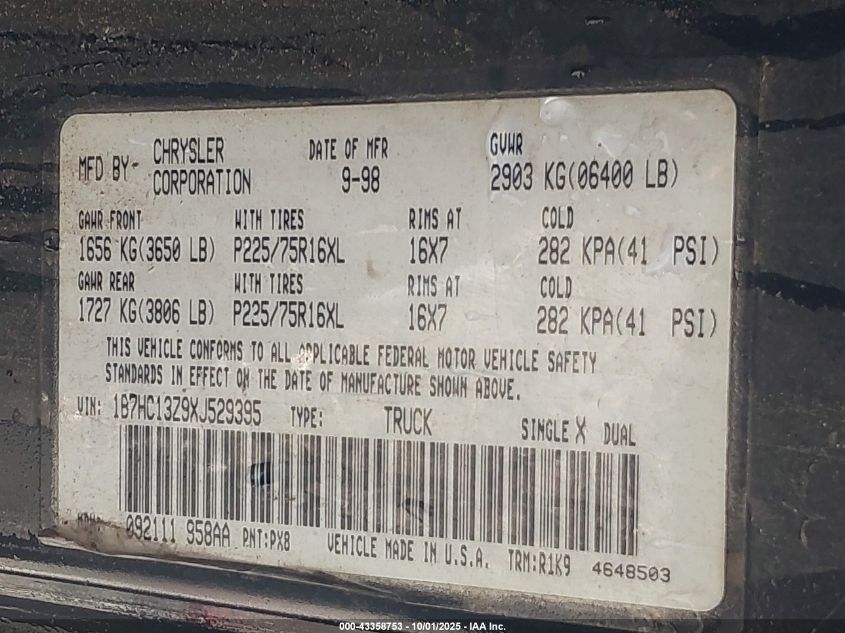 1999 Dodge Ram 1500 St VIN: 1B7HC13Z9XJ529395 Lot: 43358753