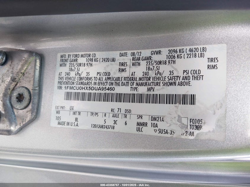 2013 FORD ESCAPE SEL 1FMCU0HX5DUA95460