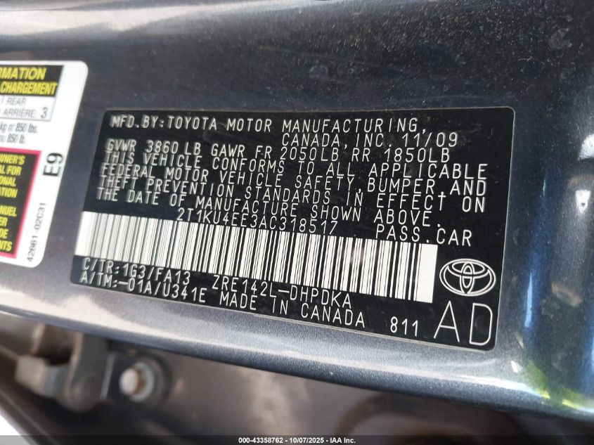 2010 Toyota Matrix VIN: 2T1KU4EE3AC318517 Lot: 43358762