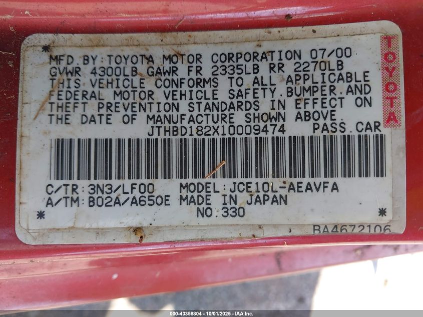 2001 Lexus Is 300 VIN: JTHBD182X10009474 Lot: 43358804