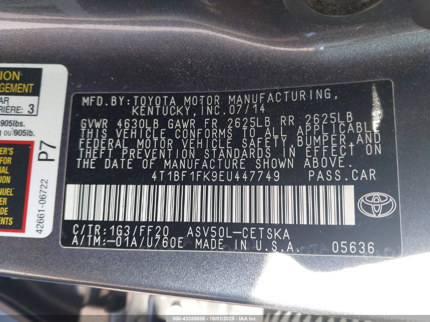 2014 Toyota Camry Se VIN: 4T1BF1FK9EU447749 Lot: 43358806