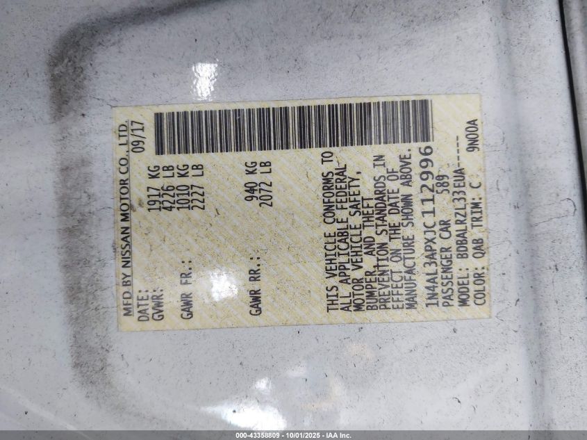 2018 Nissan Altima 2.5 Sl VIN: 1N4AL3APXJC112996 Lot: 43358809