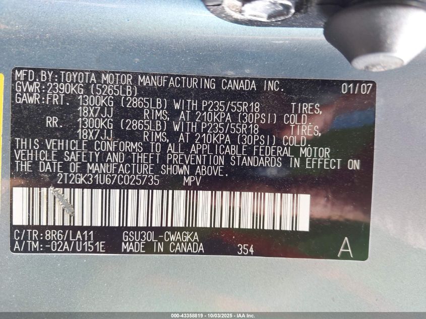 2007 Lexus Rx 350 VIN: 2T2GK31U67C025735 Lot: 43358819