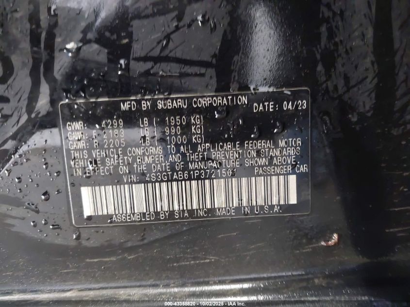 2023 Subaru Impreza Base 5-Door VIN: 4S3GTAB61P3721501 Lot: 43358820