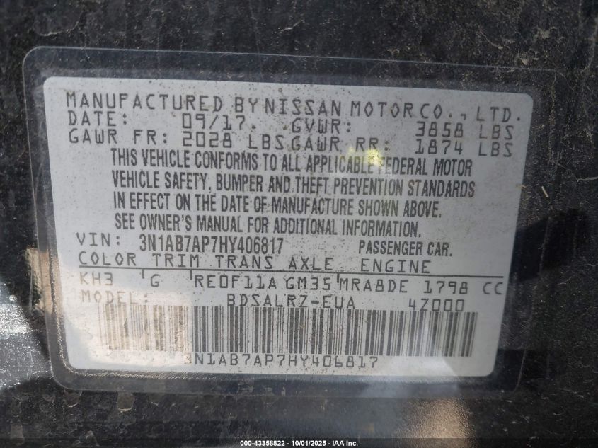 2017 Nissan Sentra Sr VIN: 3N1AB7AP7HY406817 Lot: 43358822