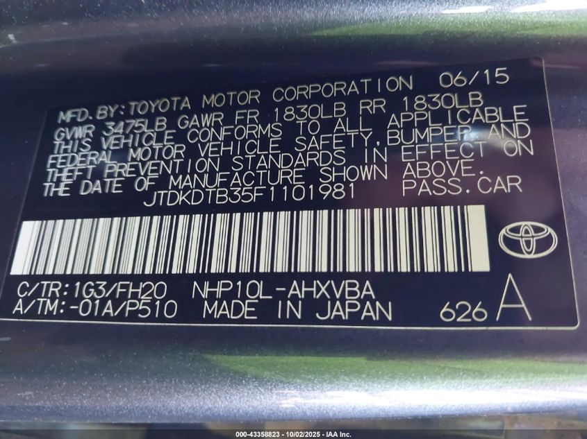 2015 Toyota Prius C Three VIN: JTDKDTB35F1101981 Lot: 43358823