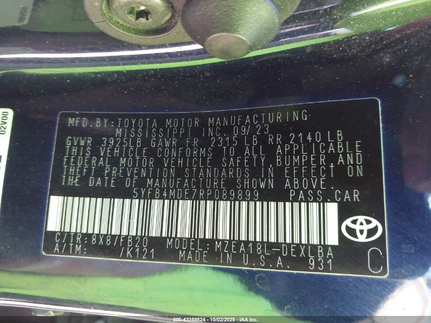 2024 Toyota Corolla Le VIN: 5YFB4MDE7RP089899 Lot: 43358824