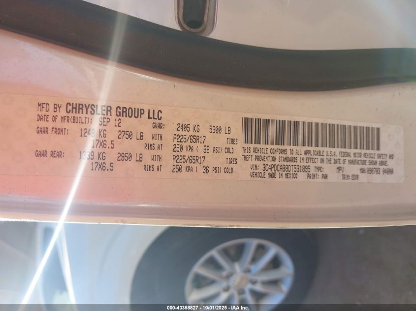 2013 Dodge Journey Se VIN: 3C4PDCAB8DT531895 Lot: 43358827