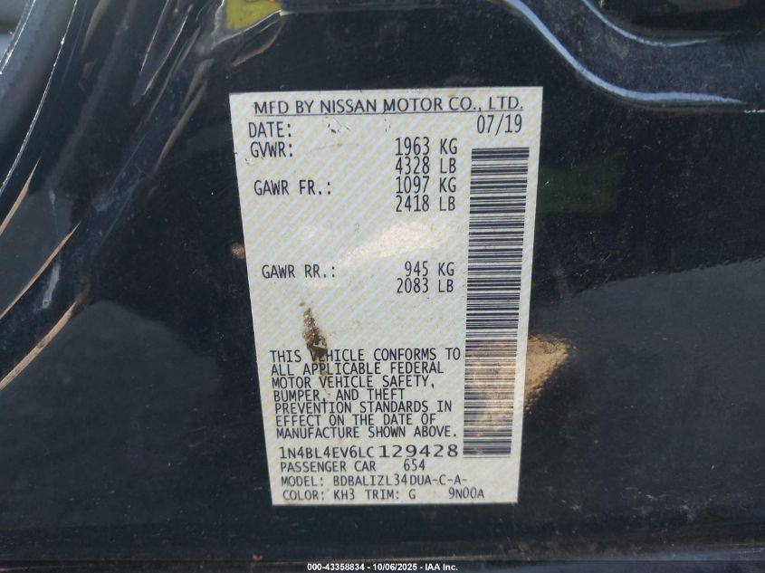 2020 Nissan Altima Sl Fwd VIN: 1N4BL4EV6LC129428 Lot: 43358834