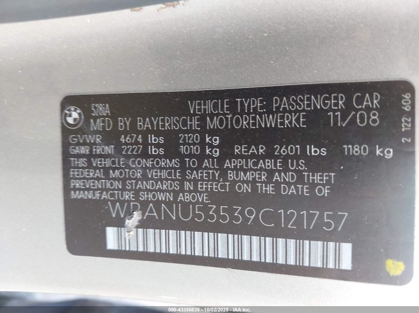 2009 BMW 528I VIN: WBANU53539C121757 Lot: 43358835