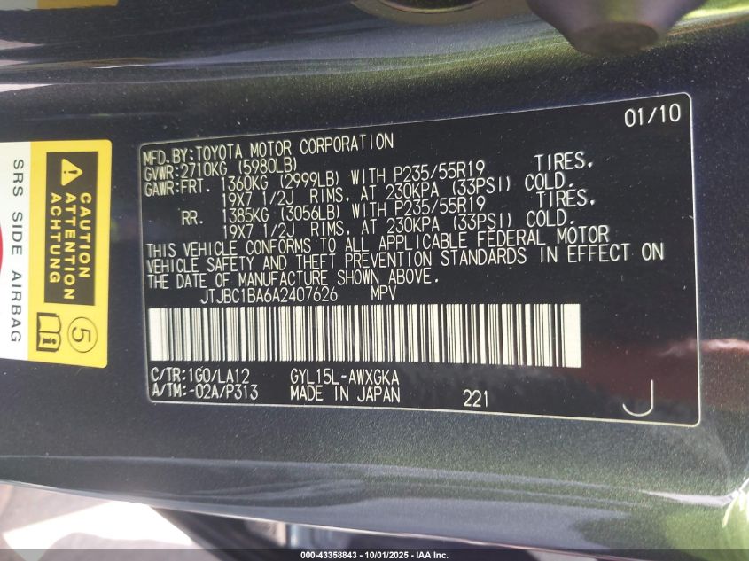 2010 Lexus Rx 450H VIN: JTJBC1BA6A2407626 Lot: 43358843