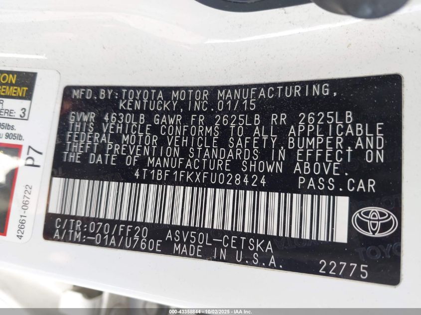 2015 Toyota Camry Se VIN: 4T1BF1FKXFU028424 Lot: 43358844