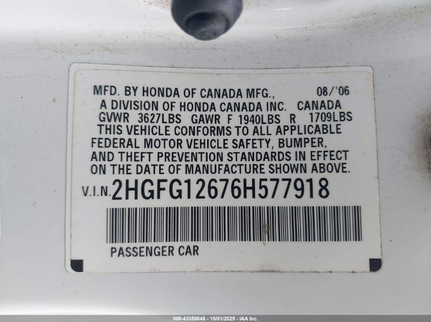 2006 Honda Civic Lx VIN: 2HGFG12676H577918 Lot: 43358846