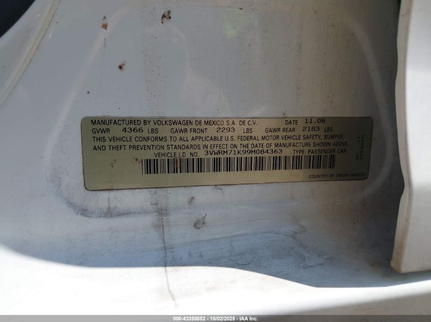 2009 Volkswagen Jetta Se VIN: 3VWRM71K99M084363 Lot: 43358852