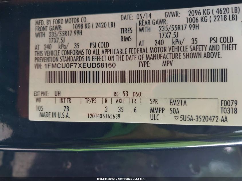 2014 Ford Escape S VIN: 1FMCU0F7XEUD58160 Lot: 43358856