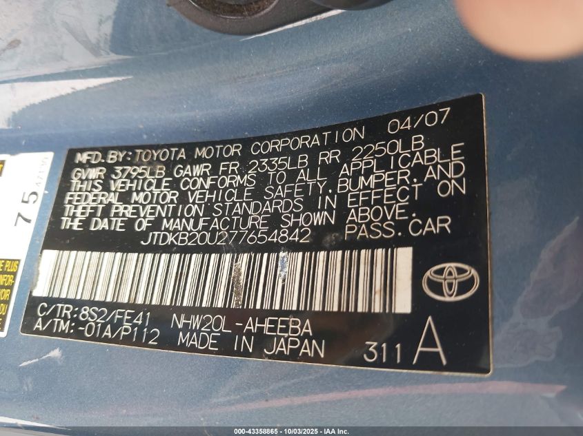 2007 Toyota Prius VIN: JTDKB20U277654842 Lot: 43358865