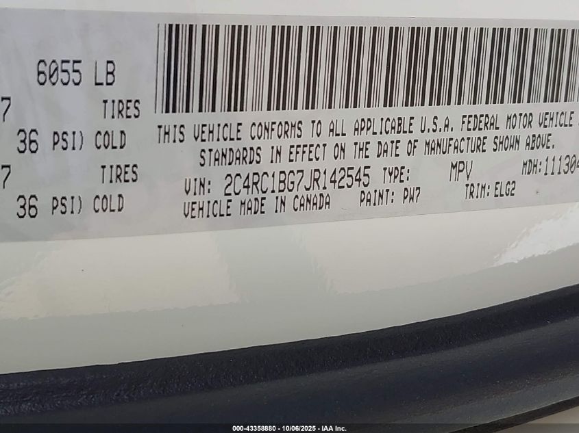 2018 Chrysler Pacifica Touring L VIN: 2C4RC1BG7JR142545 Lot: 43358880