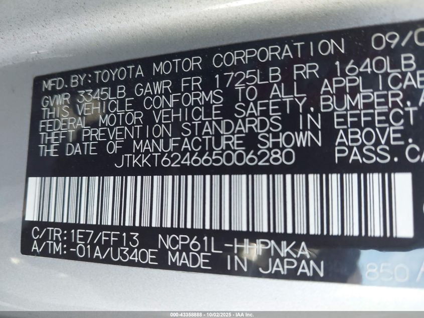 2006 Scion Xa VIN: JTKKT624665006280 Lot: 43358888